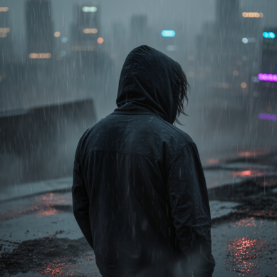 Şiddetli yağmur altında kameraya sırtı dönük kapüşonlu bir figür, arkada bulanık şehir neonları.
